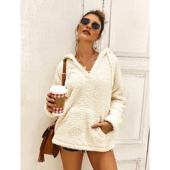 ♦️ LAST 2 Sherpa Fleece V Neck Hooded Pullover - Picture 4 of 7